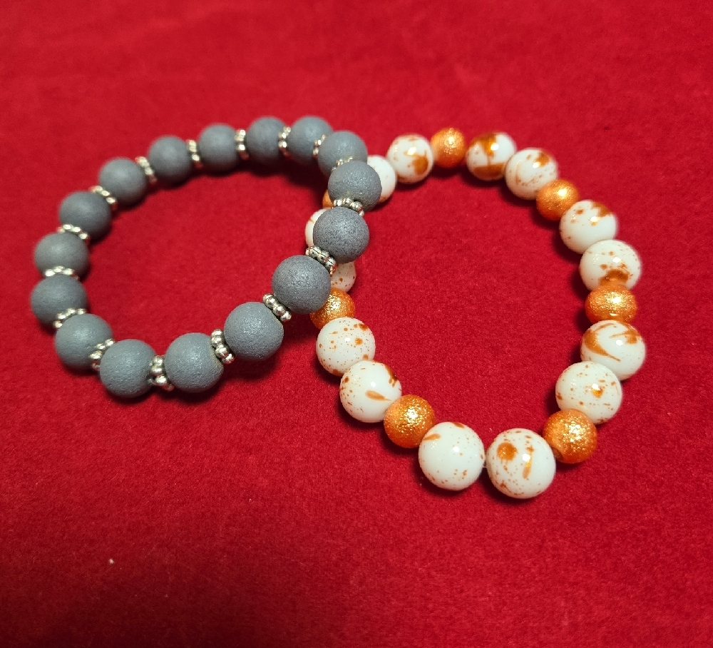 Elegant Gray and Orange Beaded Bracelets - Picture 2 of 3
